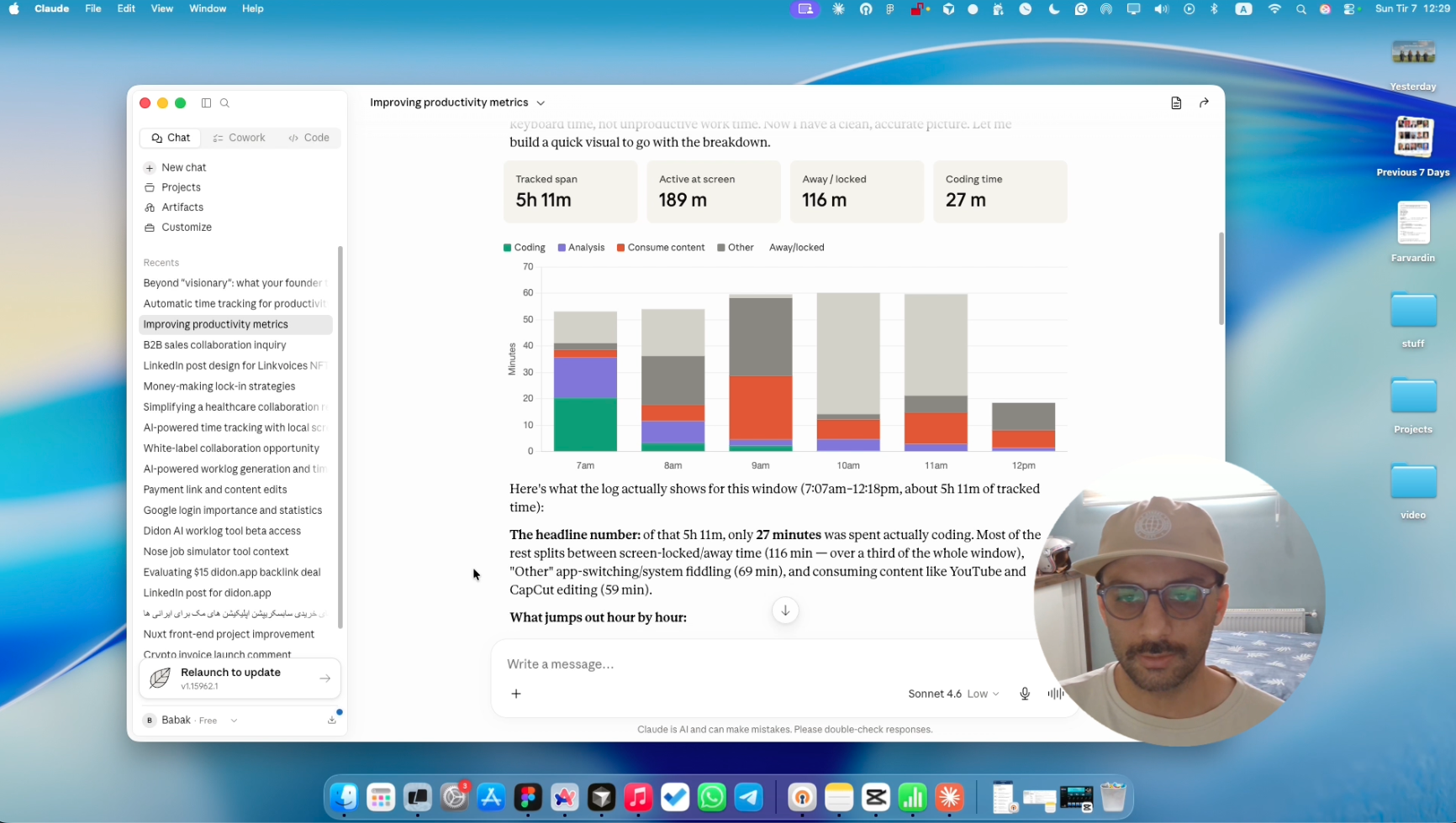 AI analysis turning a workday into categorized productivity metrics